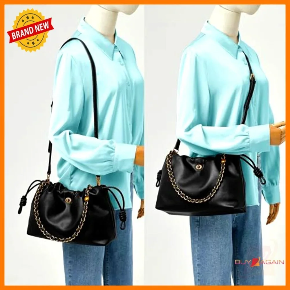 Vegan Leather Bucket Hobo Bag with Detachable Straps, 12x8x4